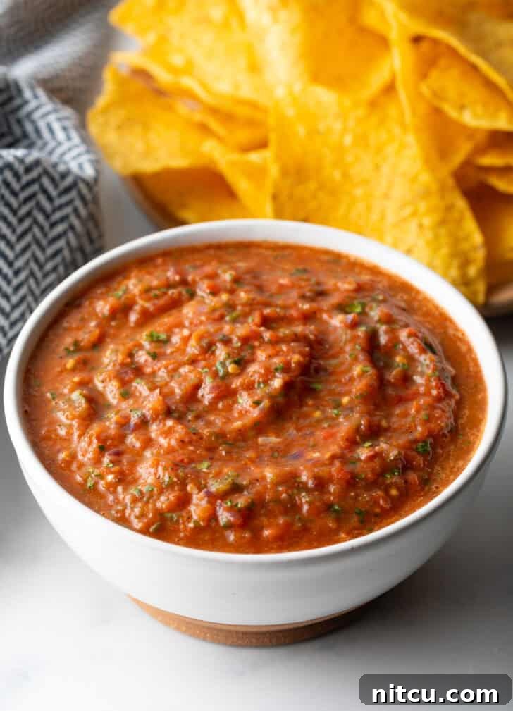Charred Tomato Salsa 12 White bowl of red roasted tomato salsa.