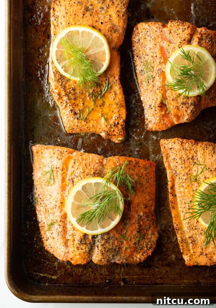 Perfect Oven-Baked Salmon 9 Top down view 4 large baked salmon filets on a baking sheet. Each piece is topped with a slice of fresh lemon and dill sprigs.