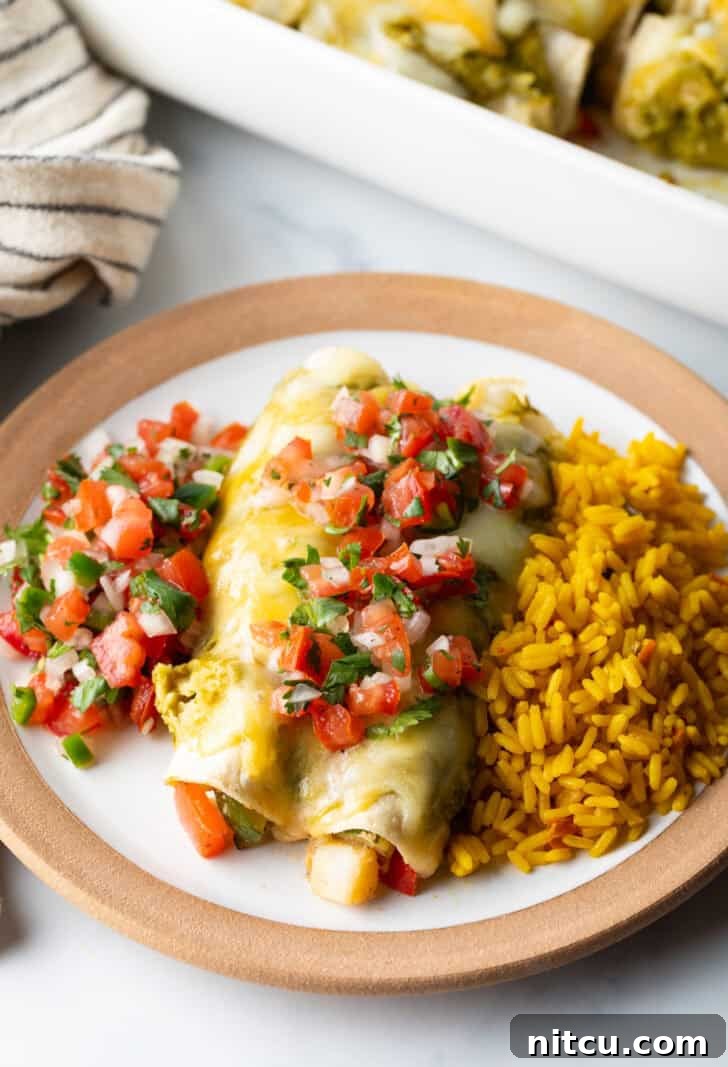 White plate showcasing a perfectly arranged serving of pico de gallo, two delectable chicken enchiladas generously coated with vibrant green sauce and topped with fresh pico de gallo, and a side of traditional Spanish rice.