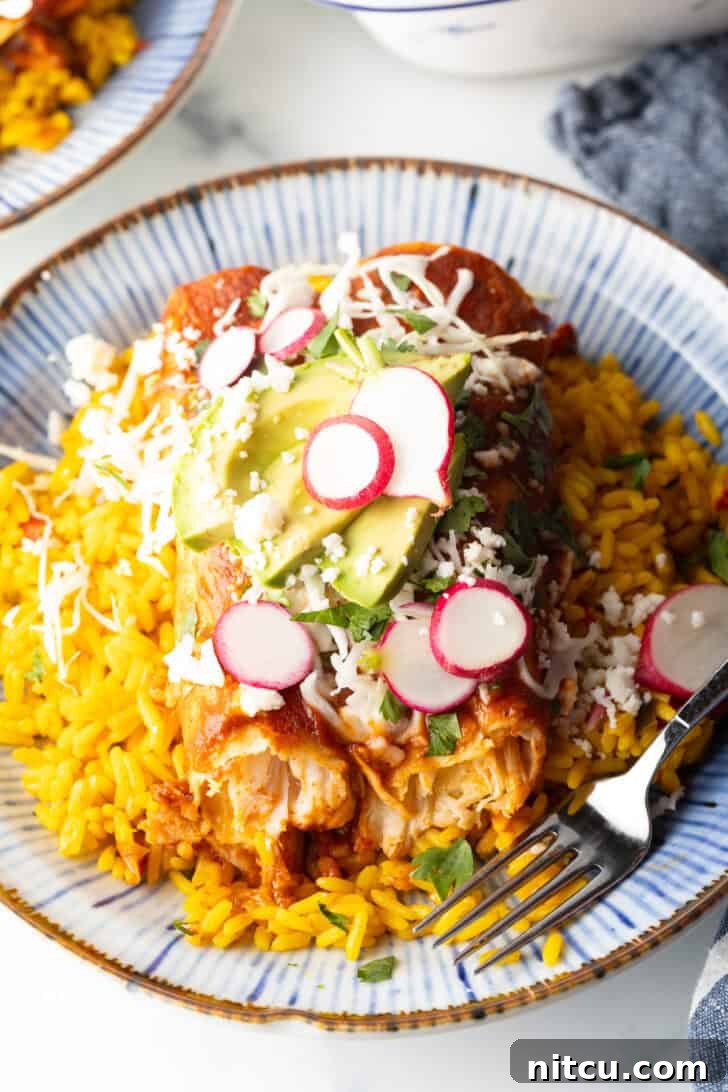 Grandma's Secret Enchiladas 11 Large plate with 2 enchiladas covered in red sauce, on a pile of fluffy yellow rice and topped with fresh cabbage slaw, sliced radishes, and avocado.