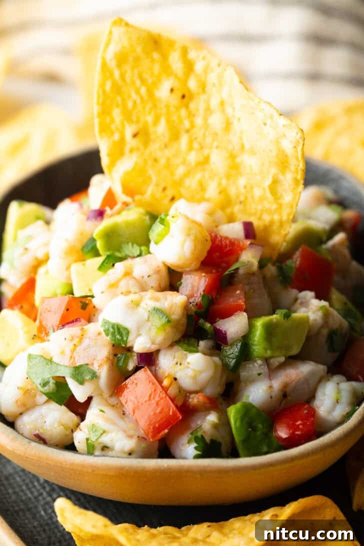 A bright yellow bowl filled with Mexican shrimp ceviche, featuring plump shrimp, diced tomatoes, red onion, and cilantro, with a crispy tortilla chip elegantly standing in the center, ready to be scooped.