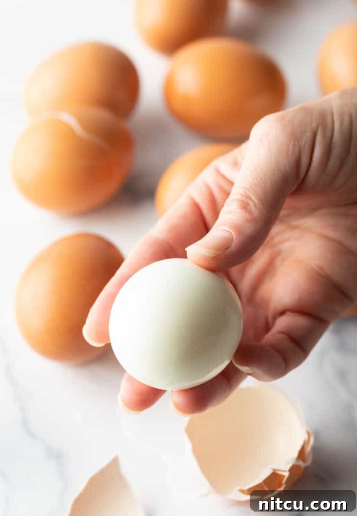 Hand holding a peeled egg to camera.