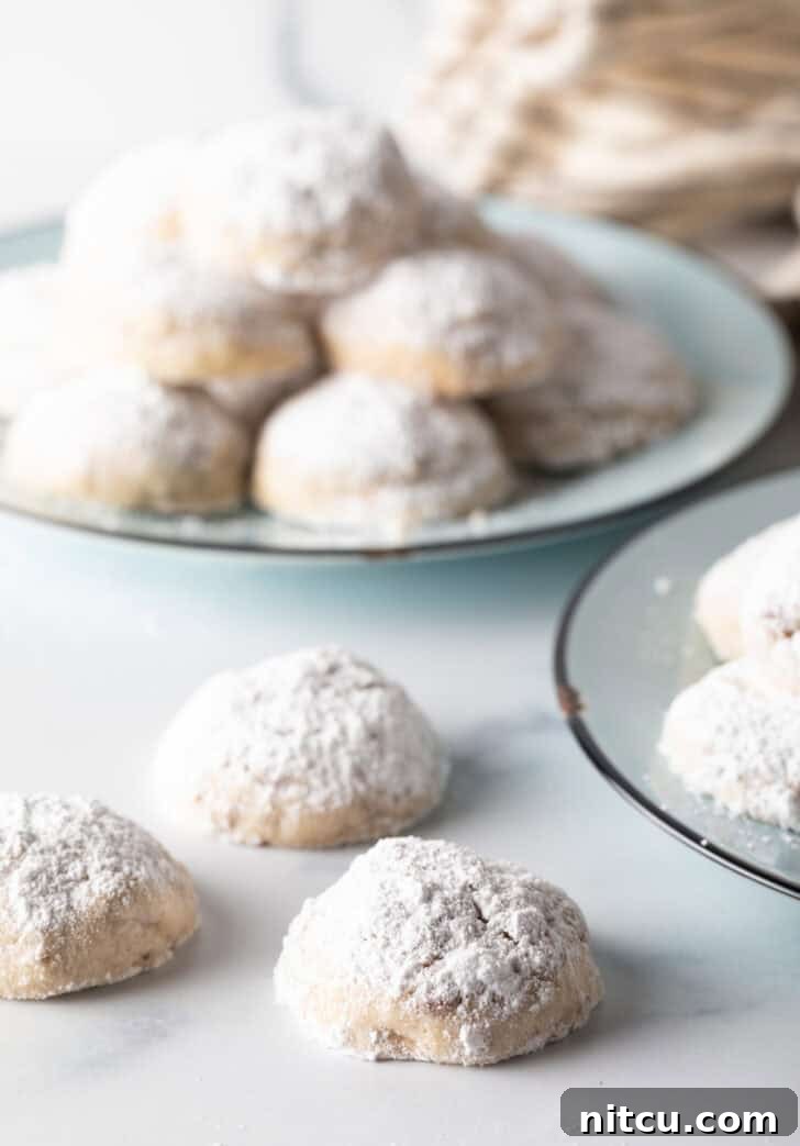 Best Russian Tea Cake Recipe - cookies laying on white counter.