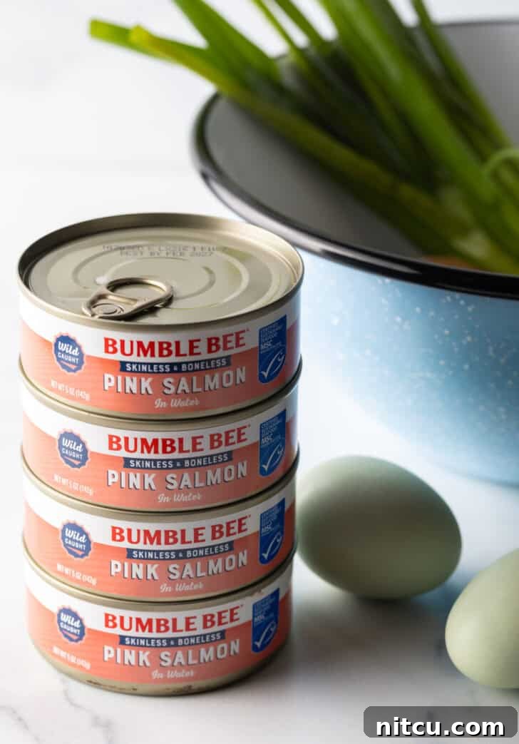 Effortless Golden Salmon Cakes 4 Four cans of pink canned salmon are neatly stacked, with a single white egg resting beside them, highlighting key ingredients for the recipe.