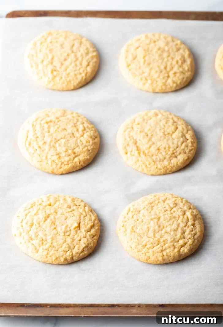 Honey Butter Cornbread Delights 7 6 flat baked cornbread cookies on a baking sheet.