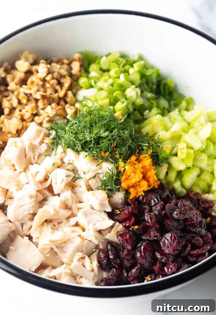 Sweet & Tart Cranberry Chicken Salad 5 White bowl with recipe ingredients in chopped piles: walnuts, celery, onions, dill, orange zest, cooked chicken, and cranberries.