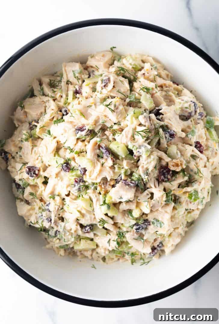 Sweet & Tart Cranberry Chicken Salad 6 White bowl of chicken salad with walnuts and cranberries.