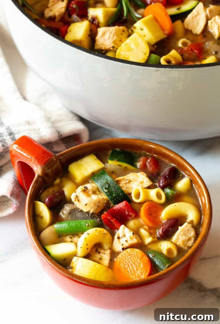 A captivating top-down view of a large mug with a handle, brimming with hearty chicken minestrone soup, steam gently rising.