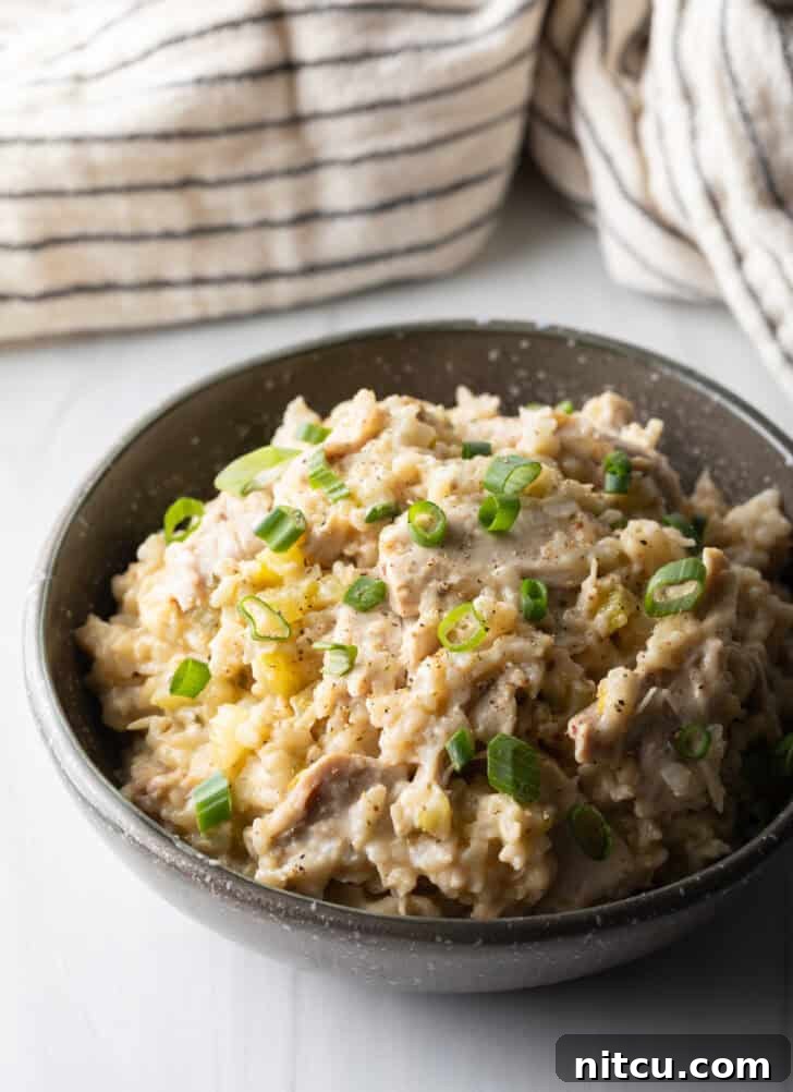 A beautifully presented bowl of brown rice chicken and rice, garnished with fresh scallions, ready to be served.