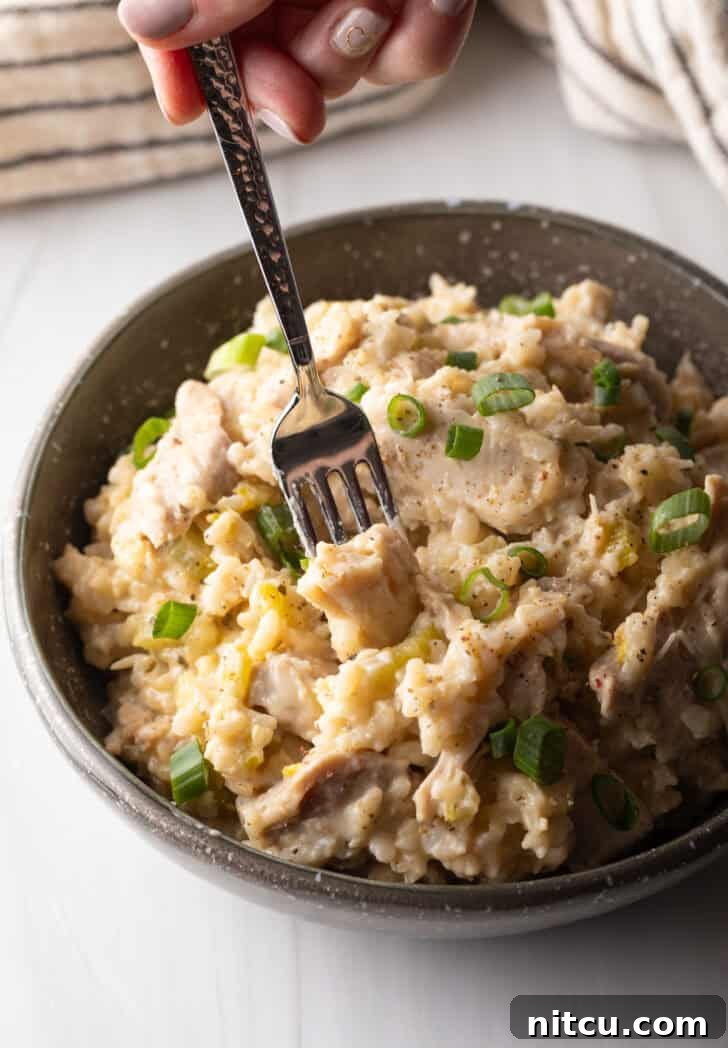 Another view of the creamy chicken and rice dish in a black bowl with a fork, highlighting its inviting texture.