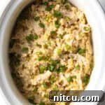 White crockpot with finished chicken and rice.