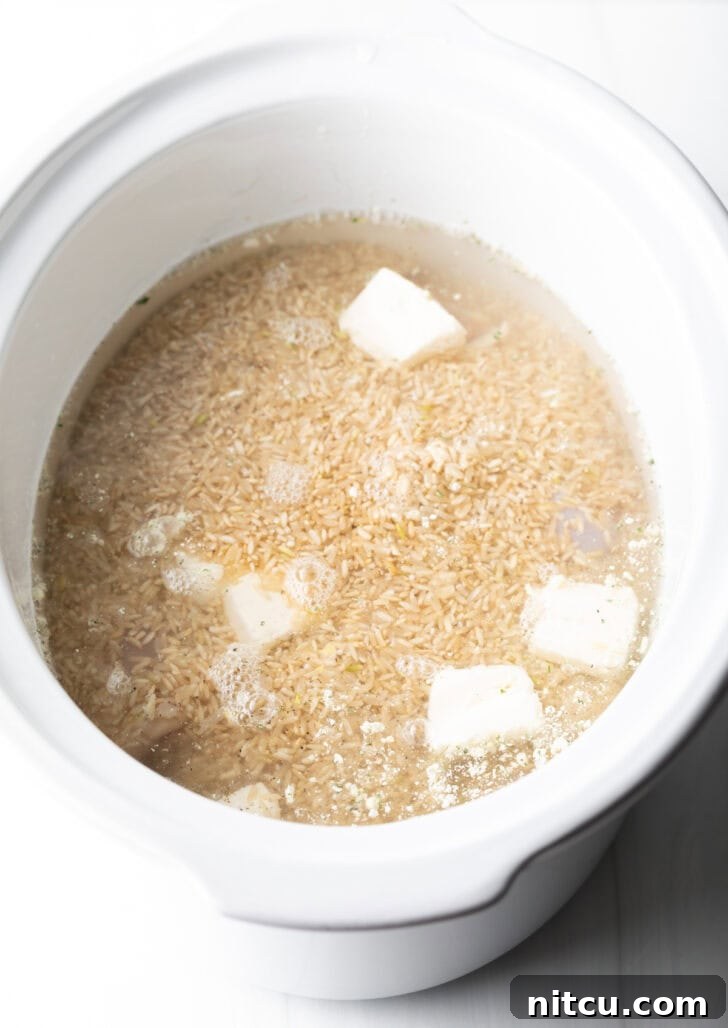 Close up of mixed raw ingredients in a slow cooker, including chicken, brown rice, vegetables, and seasonings.