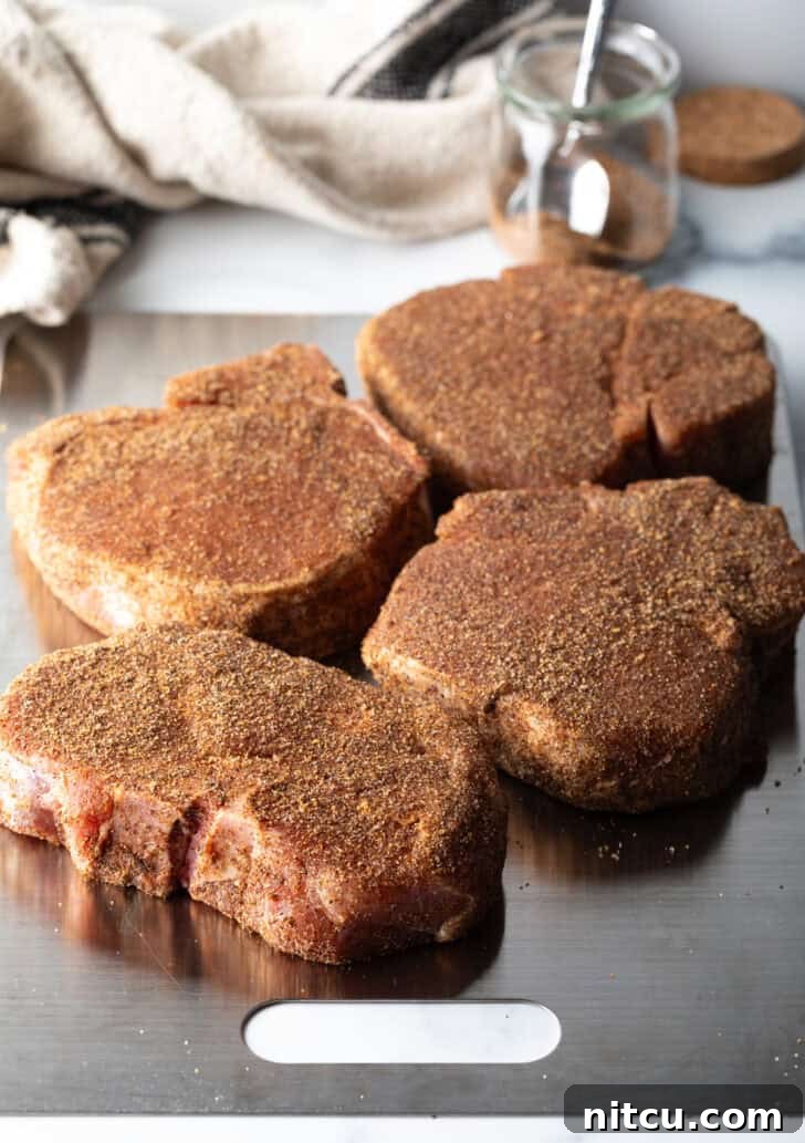 Signature Pork Chop Seasoning 10 Four raw seasoned bone-in pork chops on a baking sheet, ready for cooking.