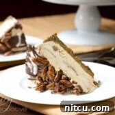 Golden Pumpkin Turtle Ice Cream Dream 6 A high-angle shot of a beautifully presented Turtle Pumpkin Ice Cream Cake, glistening with chocolate shell and pecans.