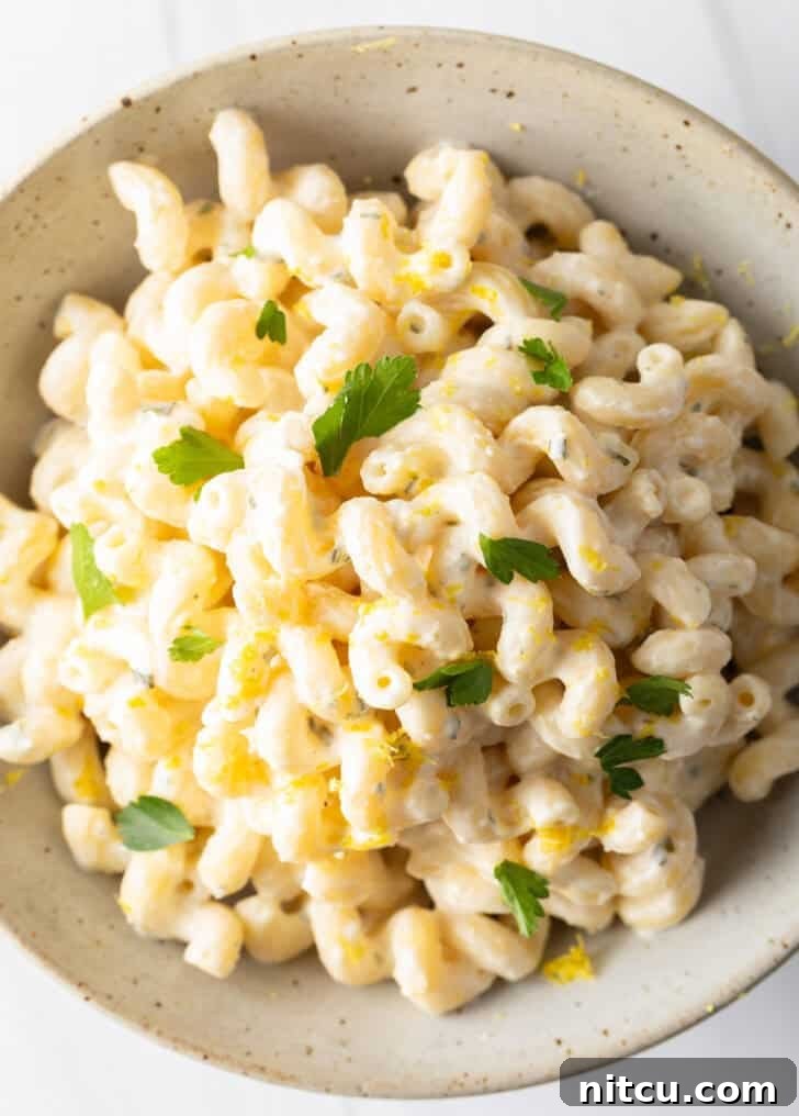 Decadent Boursin Pasta 4 A large bowl filled with Boursin cheese pasta, beautifully garnished with vibrant chopped parsley for a fresh touch.