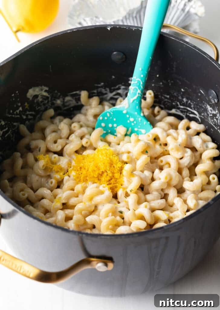 Decadent Boursin Pasta 7 The process of adding Boursin cheese to cooked pasta in a pot.