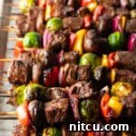 Side-by-side row of a dozen beef and veggie kabobs.