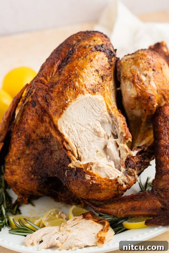 best-recipe Turkey on a platter with a slice cut off.