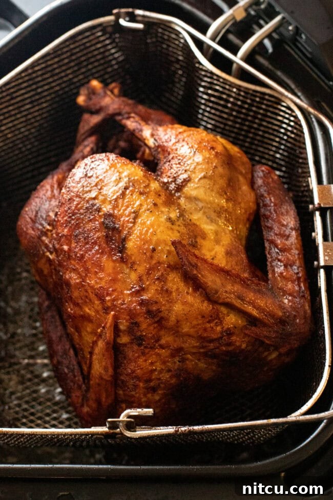 butterball Turkey in a fry basket after being fried.