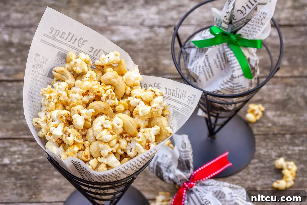 Holiday Caramel Corn Gifts Homemade microwave caramel corn beautifully arranged in individual paper wrappers tied with festive bows, perfect for gifting.