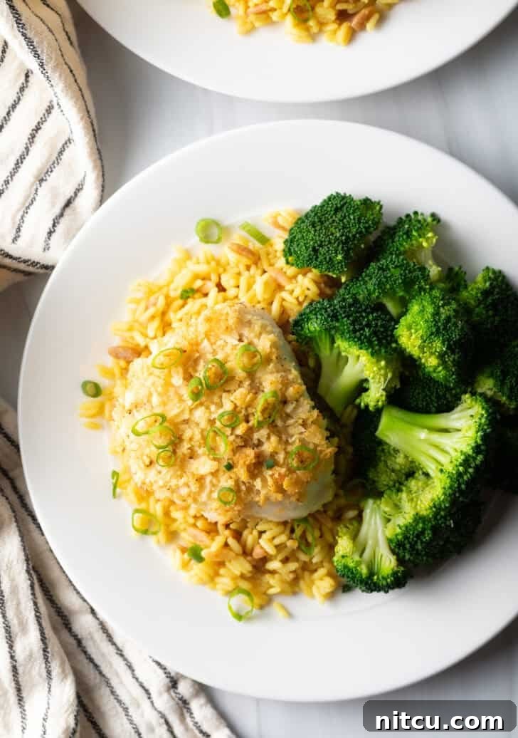 Close-up, top-down view of potato chip crusted sea bass on a plate with fluffy yellow rice and tender green broccoli florets.