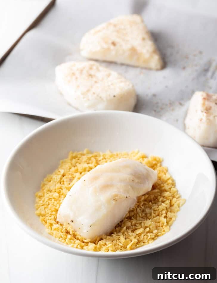 A piece of raw sea bass is gently pressed into a white bowl with crushed potato chips, ensuring an even and thorough coating.