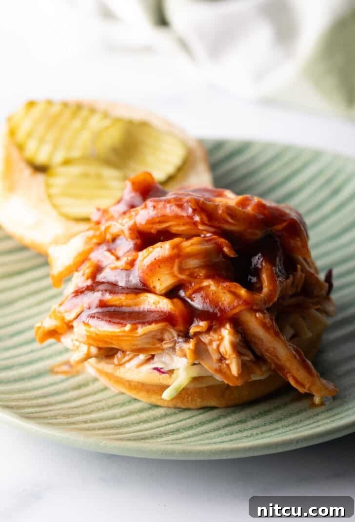 Open faced pulled barbecue chicken sandwich on a hamburger bun.
