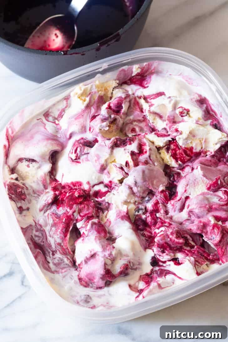 Berry Bliss Freeze 13 Plastic tub filled with freshly made blueberry pie ice cream, ready for freezing.
