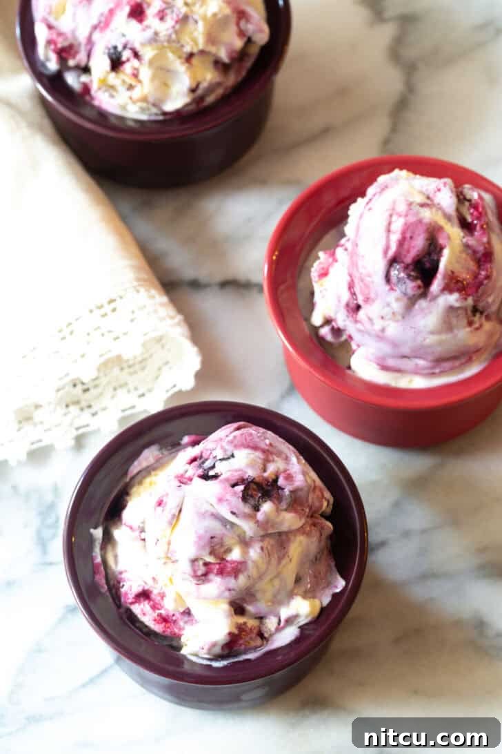 Berry Bliss Freeze 4 Top-down view of three bowls of creamy blueberry pie ice cream, each with a spoon, ready to be enjoyed.