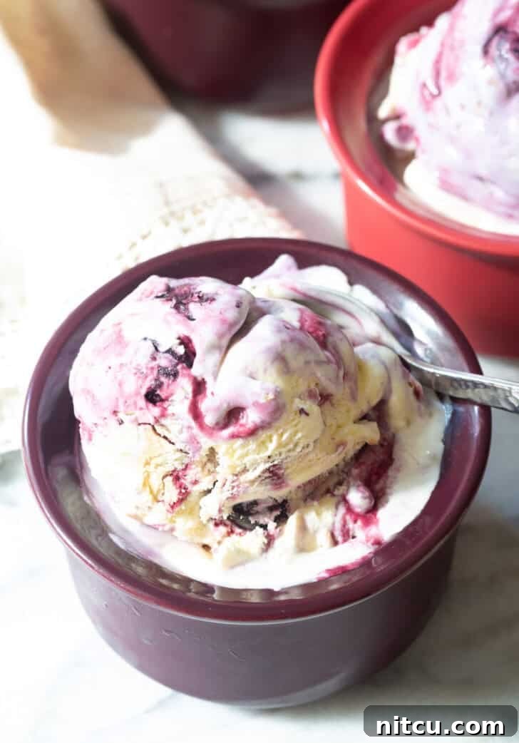 Berry Bliss Freeze 5 A spoon scooping a generous portion of blueberry pie ice cream from a dark bowl, highlighting the blueberry swirls and pie crust pieces.