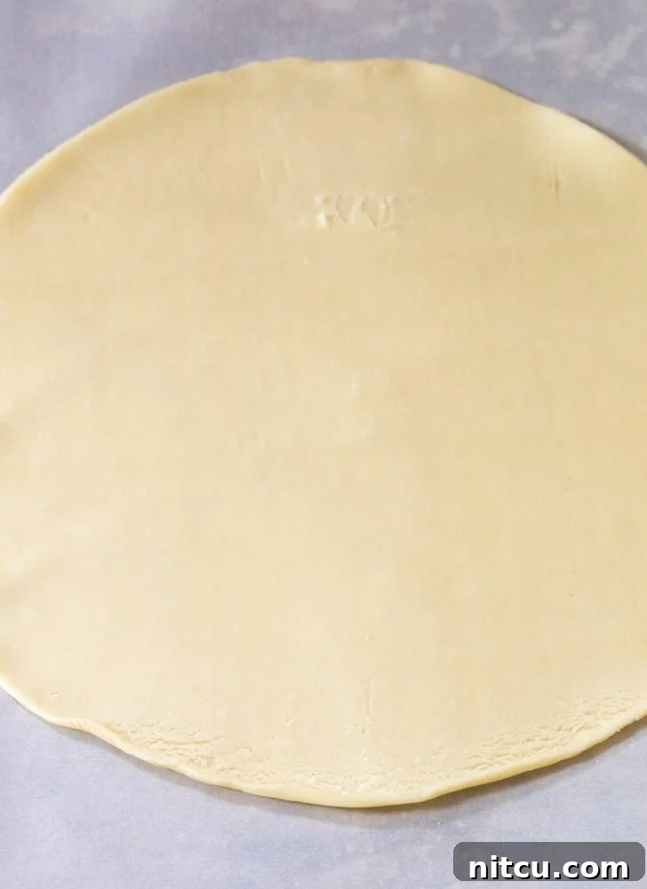 Berry Bliss Freeze 6 Rolled out circle of pie dough on parchment paper.