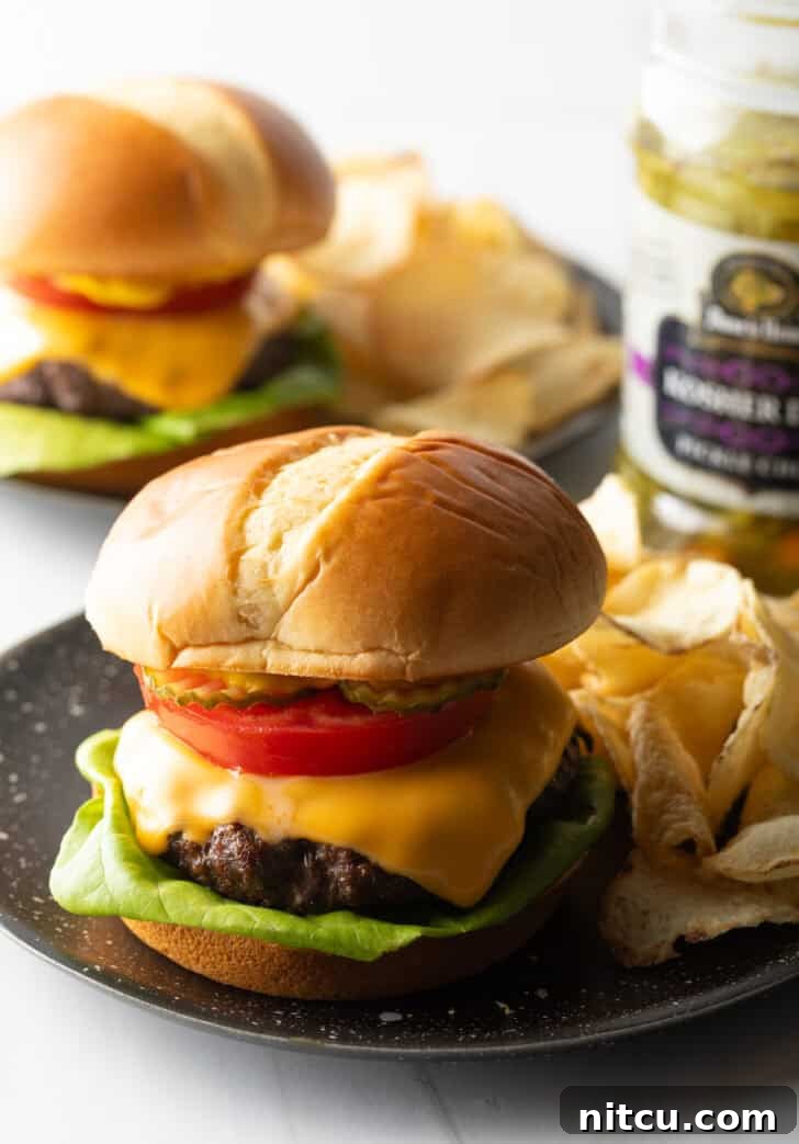 Aair fryer hamburger loaded with cheese, lettuce, tomatoes and pickle slices on a plate with potato chips.