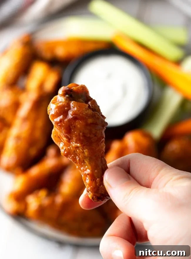 Hand holding a baked buffalo chicken wing drummy to camera.