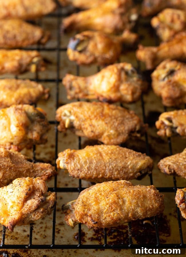 Rows of naked chicken wings on a wire rack.