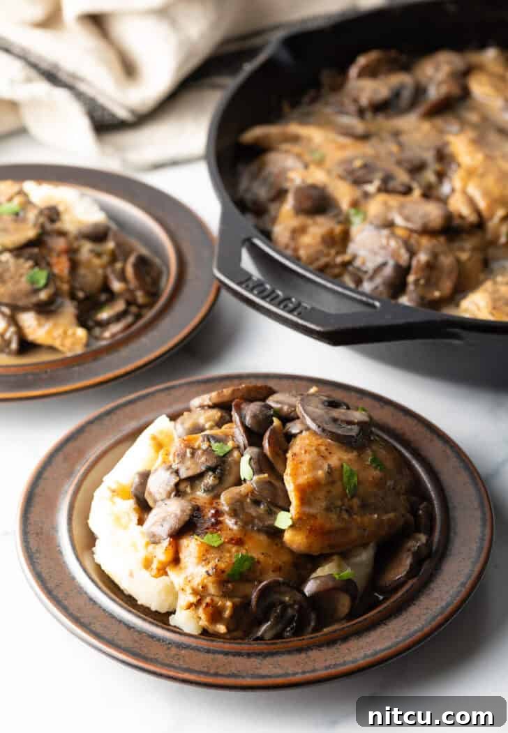 Creamy Mushroom Chicken Delight 12 Brown plate with fluffy mashed potatoes, topped generously with two chicken breasts, tender sliced mushrooms, and rich gravy.