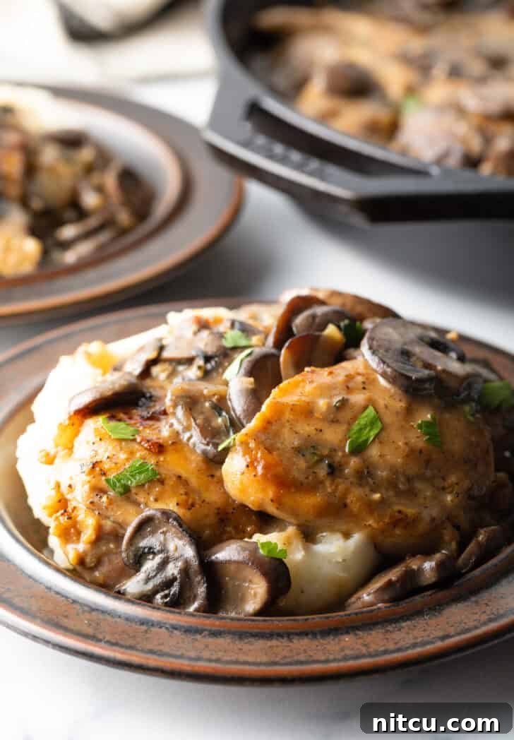 Creamy Mushroom Chicken Delight 4 Close-up of creamy mushroom chicken served over mashed potatoes on a brown plate, garnished with fresh herbs.