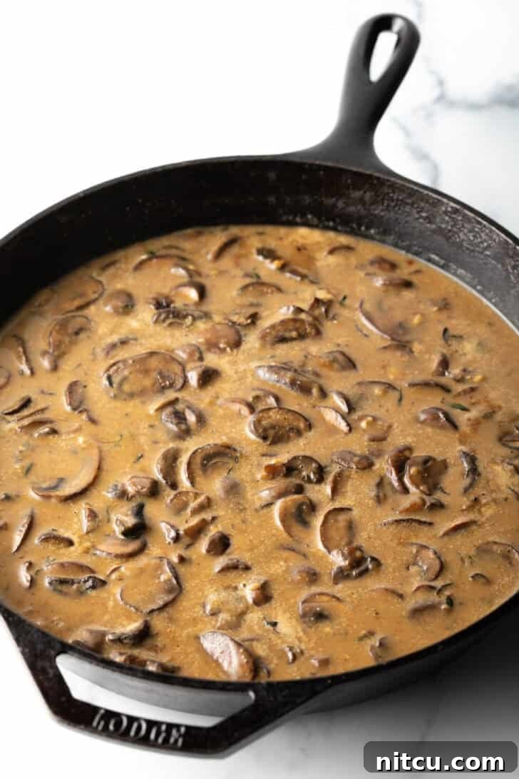 Creamy Mushroom Chicken Delight 10 Rich, brown mushroom gravy simmering in a cast iron skillet, thickening beautifully.