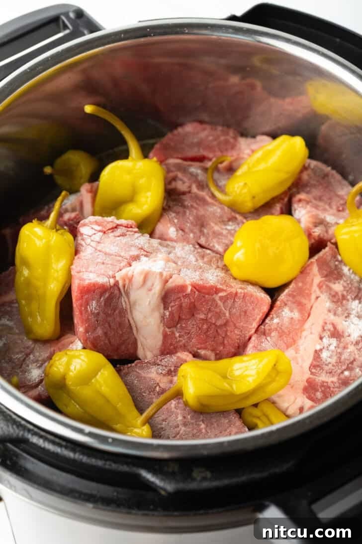 Melt-in-Your-Mouth Mississippi Pot Roast 11 Chunks of raw meat and pepperoncinis in an instant pot.
