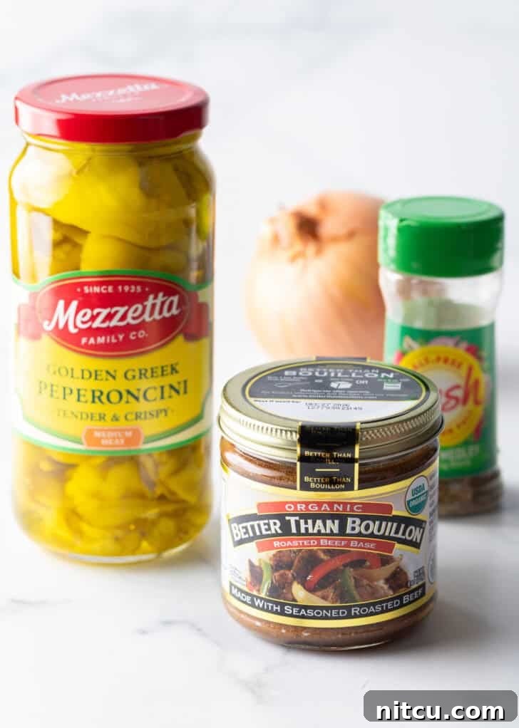 Melt-in-Your-Mouth Mississippi Pot Roast 5 Recipe ingredients: Jar of beef bullion, jar of pickled pepperonicini, Italian seasoning, and whole onion.