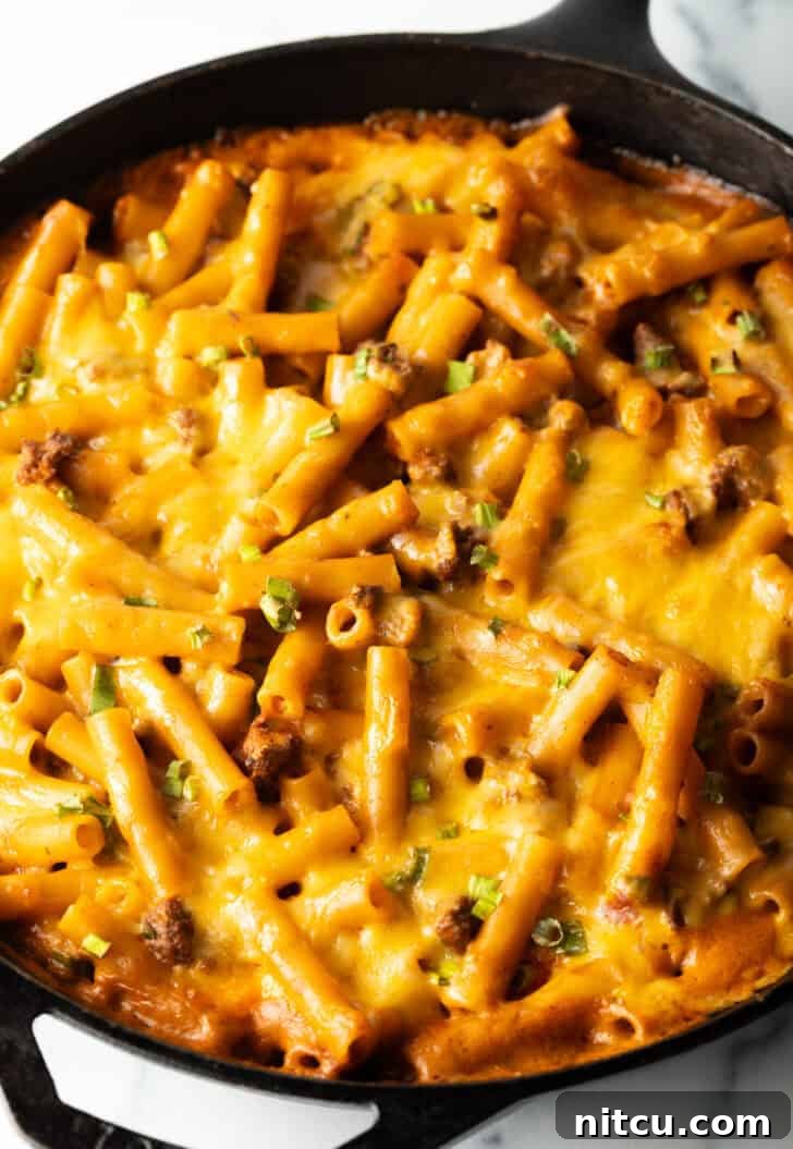 Homestyle Beef Bake 11 Deep black cast iron skillet with long noodles, ground beef, and cheese. The cheese is melted and bubbly.