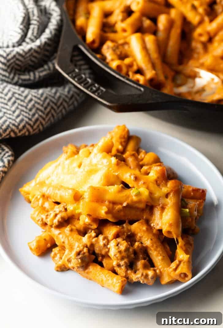 Homestyle Beef Bake 5 Gray plate with serving of cheeseburger casserole. A close-up showing the melted cheese, noodles, and ground beef.