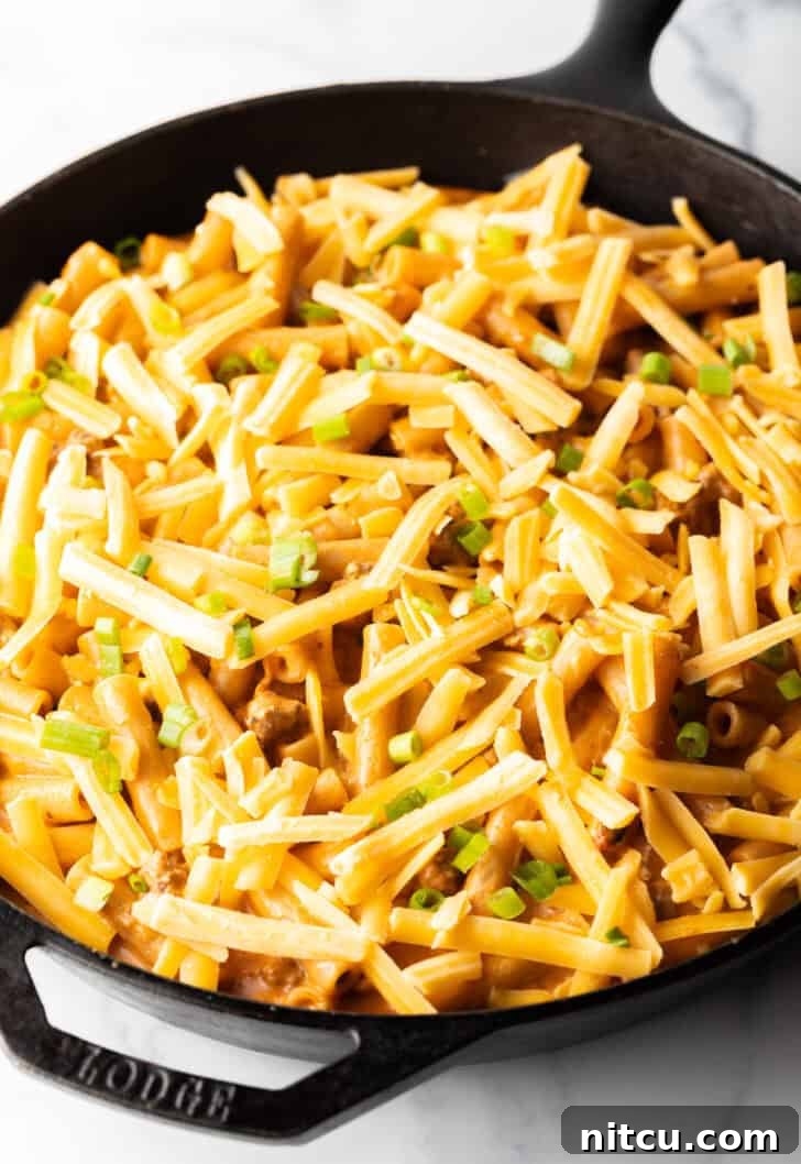 Homestyle Beef Bake 10 Adding shredded cheddar cheese on top of the noodle and beef casserole. The cheese covers the entire surface.