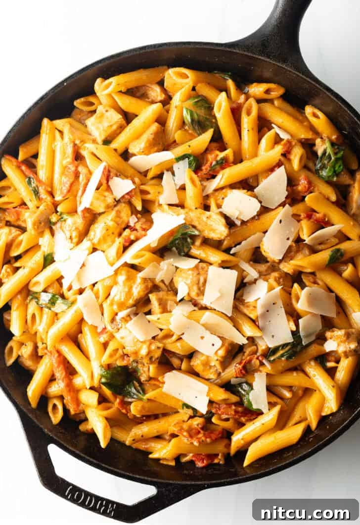 Proposal-Worthy Chicken Pasta 2 Cast iron skillet with creamy pasta, chicken, and vibrant sun-dried tomato sauce, ready to be served.