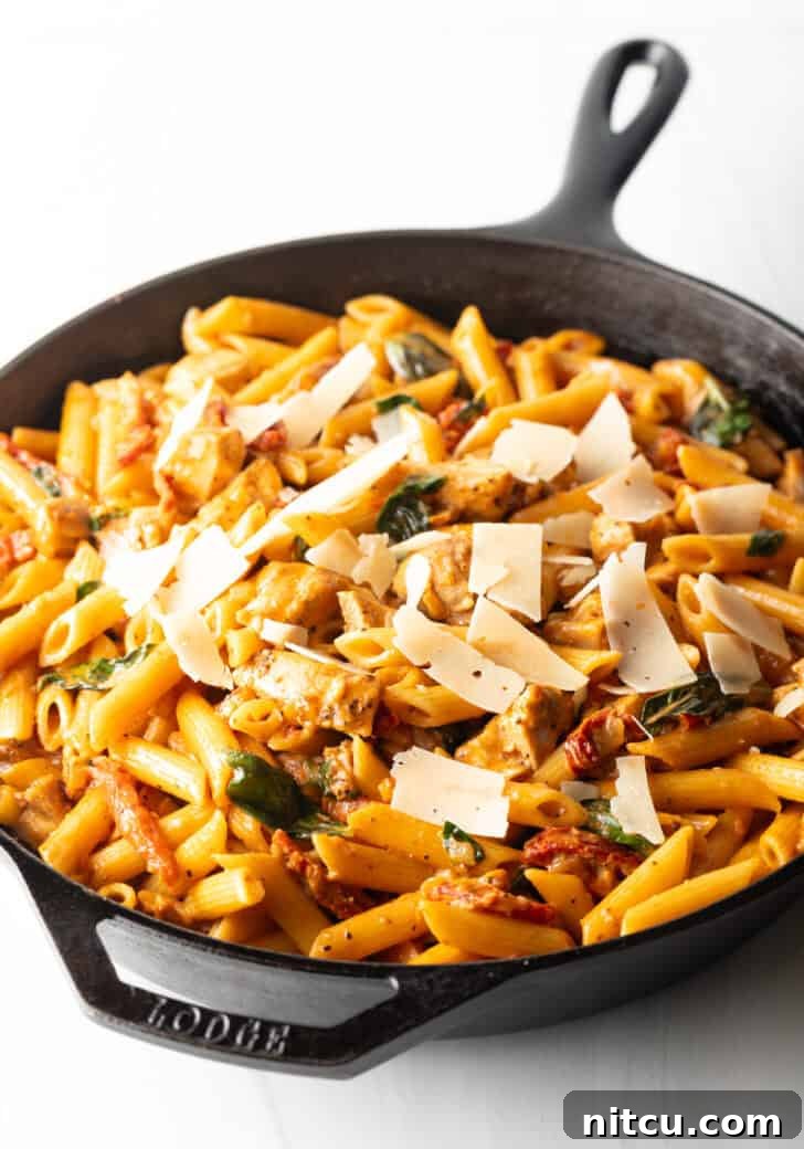 Proposal-Worthy Chicken Pasta 11 The finished Marry Me Chicken Pasta in a cast iron skillet, garnished and ready to serve.