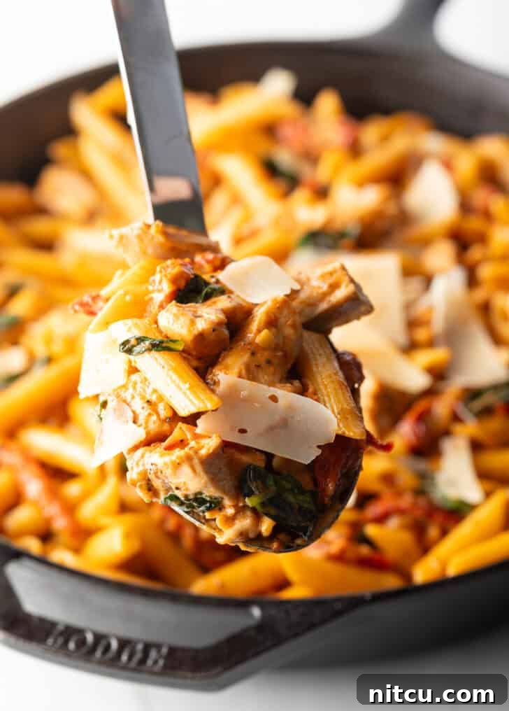 Proposal-Worthy Chicken Pasta 4 A large spoonful of spicy Marry Me Chicken Pasta, held up to the camera, showcasing creamy sauce, chicken pieces, and sun-dried tomatoes.