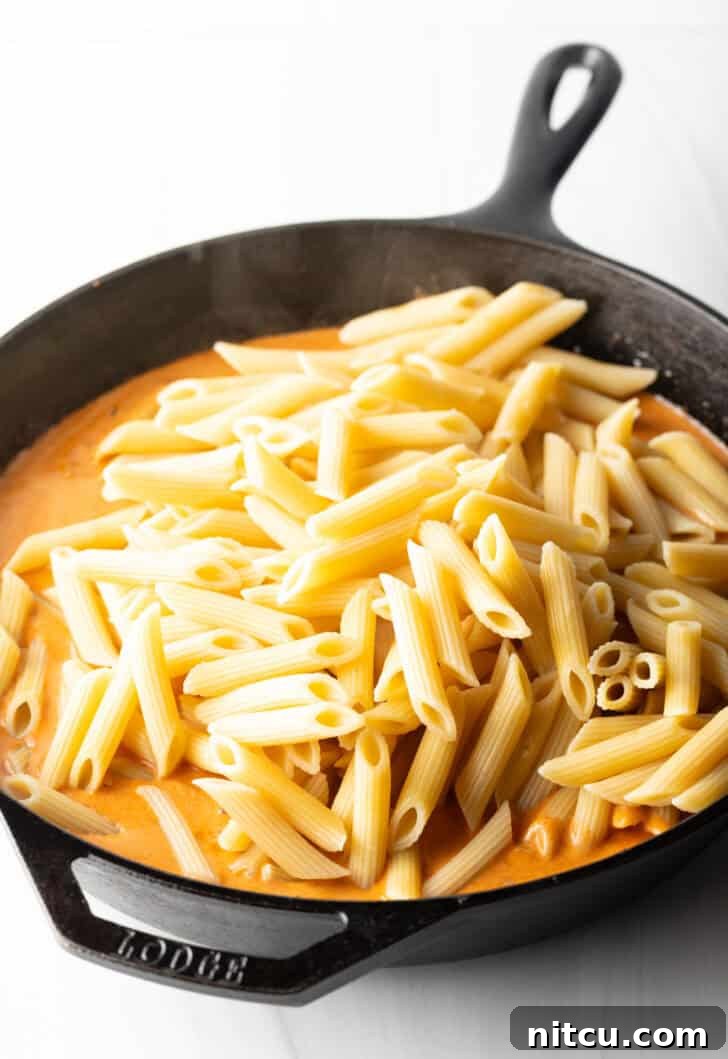 Proposal-Worthy Chicken Pasta 9 Adding penne noodles to the velvety cream sauce in a cast iron skillet.