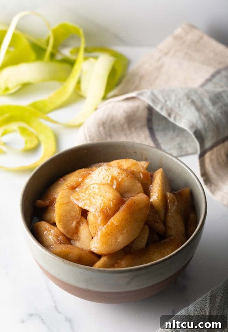 Caramelized Apple Bliss 5 Close-up of a serving of spiced fried apples in a gray bowl, garnished with a cinnamon stick.