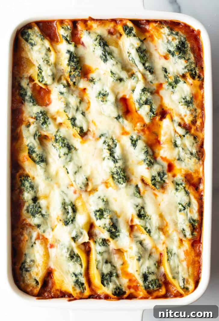 Top down view large rectangle baking dish with spinach and meat stuffed shells.