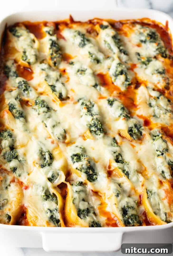 Top down view large rectangle baking dish with spinach and meat stuffed shells.