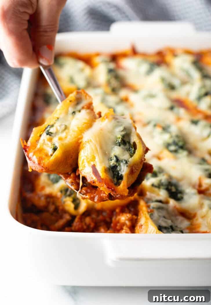 Spoon holding two spinach and cheese stuffed shells to camera.